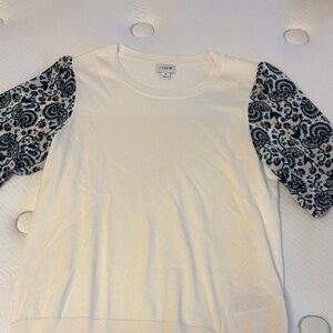 J. Crew Cream sweater Top with Blue Patterned Sleeves